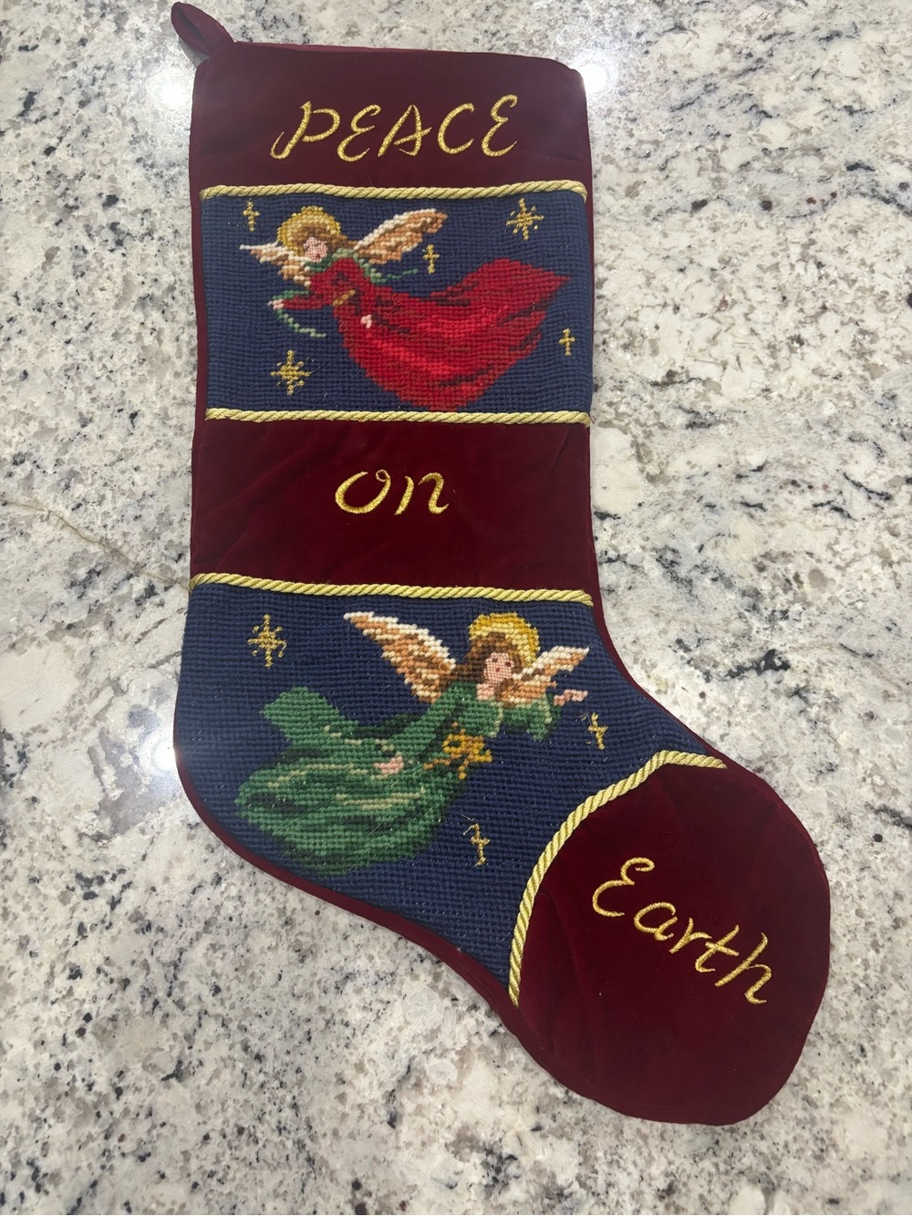 Vintage Cottagecore Needlepoint Christmas Stocking Angel Peace On Earth